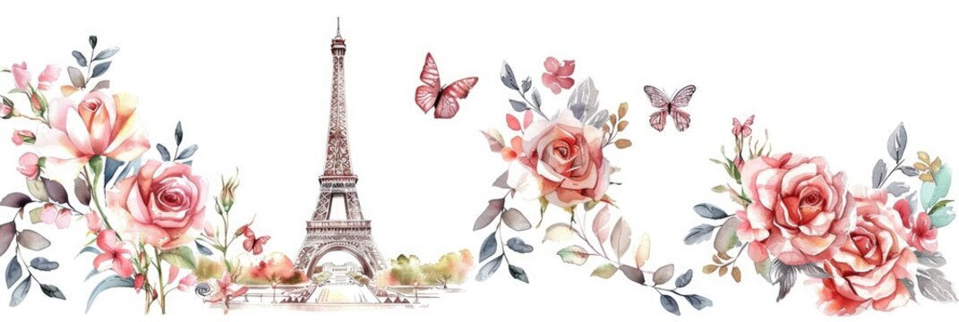 Paris Drawing. Watercolor Illustration of Eiffel Tower with Rose Flowers for Symbol of Love and Romance