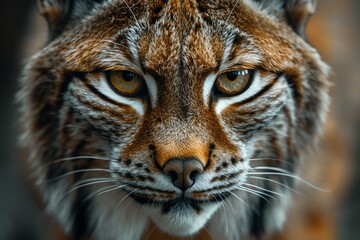 A close-up shot of a lynx's striking face, its focused eyes, documentary photo