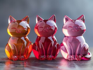 Colorful glass cat figurines arranged in a row, with a soft, blurred background. Elegant decor for home or office.