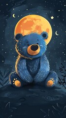 Fototapeta premium A blue bear sits lonely on the yellow moon.