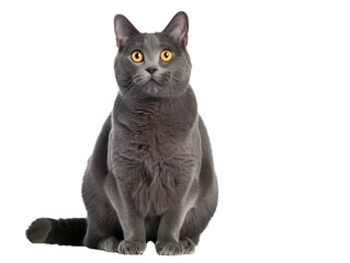 Full body shot of Chartreux cat, sitting,  looking around curiously.