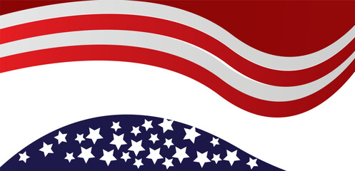 American flag, stylized waves, patriotic design, red white and blue, stars and stripes, abstract composition, graphic illustration, curved lines, minimalis