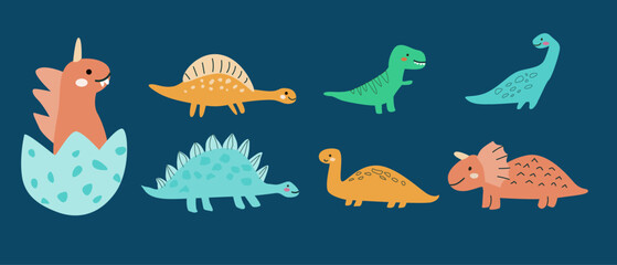 Childrens dinosaurs set, baby animals background. Dinosaurs characters collection, bundle. Can used for stickers, posters. Doodle baby animals for kids design. © ZhumaStudio
