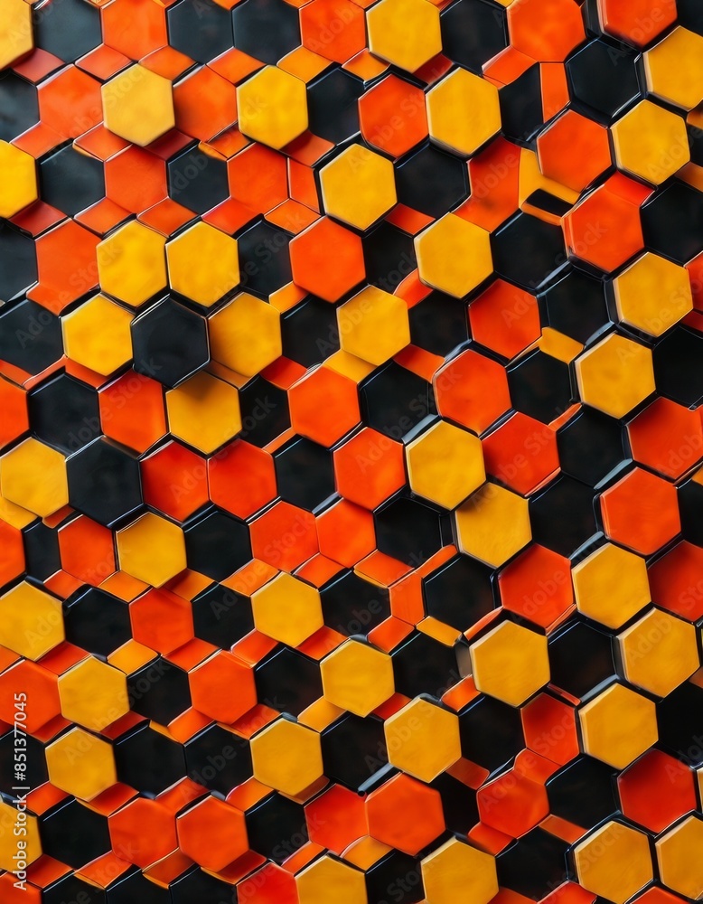 Poster a dynamic mosaic of hexagonal tiles in vivid orange, black, and yellow hues creates an eye-catching 
