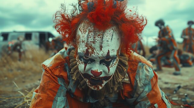 4k photography a real life zombie in clown costumes apocalypse, survivors behind barricades. hyper detailed