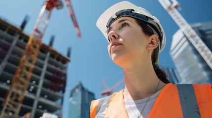 Female civil engineer in hard hat and safety vest on construction site examining high-rise framework with cranes in background
