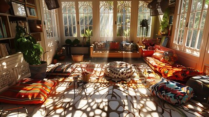 Fototapeta premium A sunroom with a cozy, eclectic design, decorated with mismatched furniture, colorful cushions, and sunlight casting warm patterns on the floor