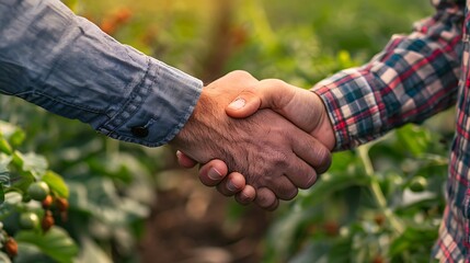A farmer and a retailer shaking hands, symbolizing a fair trade partnership and ethical business practices