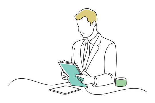 recommend clip art: businessman checking the contents of documents, doodle continuous line art vector illustration.