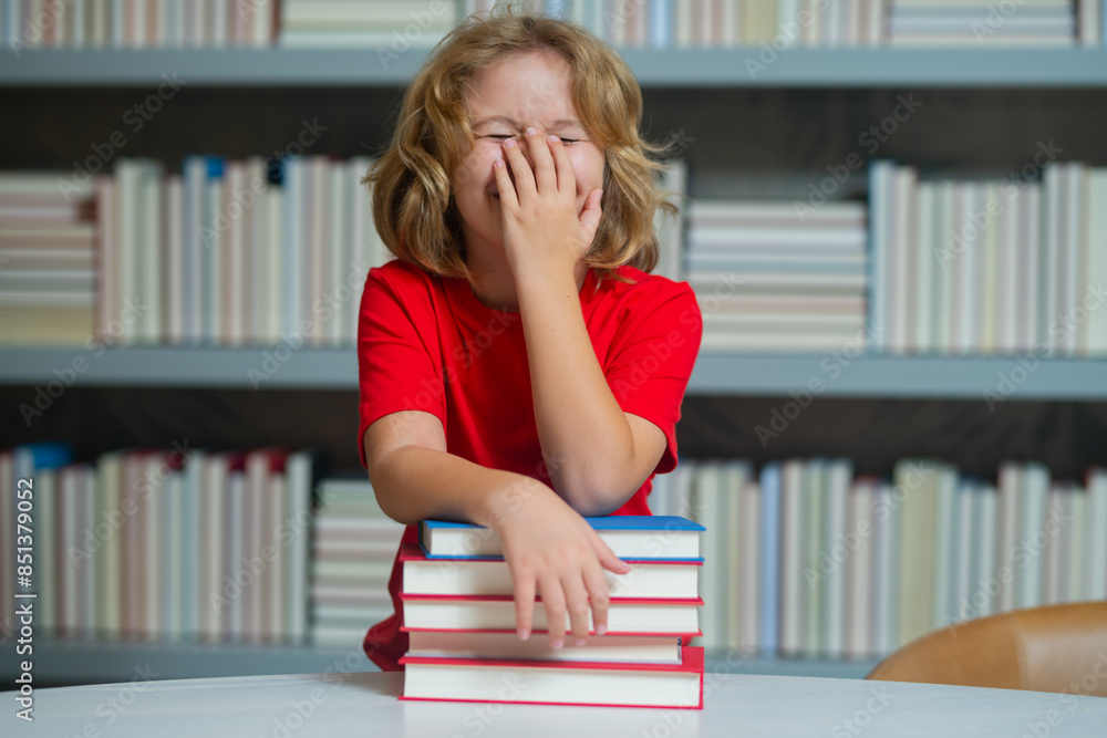 Poster funny laughing school boy. school child studying in school library. kid reading book in library on b