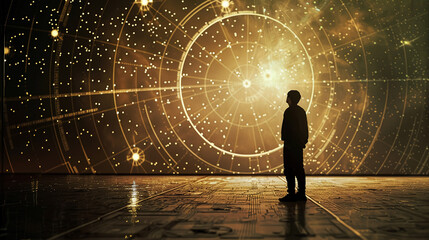 Obraz premium Interstellar Communicator, Holographic Communicator, Breaking through barriers of communication, Transmitting messages of peace across the universe, Nebulous background, Realistic, Golden Hour