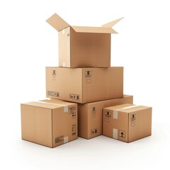 3D Shipping Box. Brown Cardboard Boxes for Business Cargo on White Background