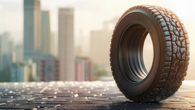 car tire standing upright, detailed texture of the rubber, modern urban backdrop in background