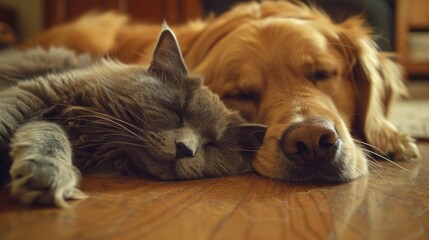 Animal Computer. Lovely Close Partners: British Shorthair Cats and Golden Retriever Indoors