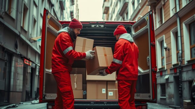 The delivery workers handling boxes