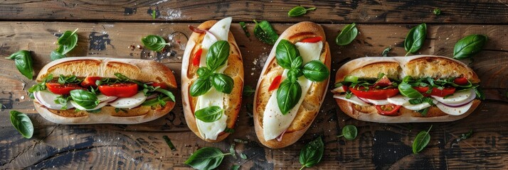 Baguette Sandwiches Trio. Fresh Sandwiches with Cheese, Basil, and Mozzarella Filling