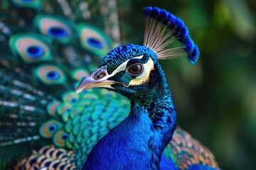 Beautiful Peacock Feathers. Closeup View of Stunning Blue Feathers on Peacock in Daylight