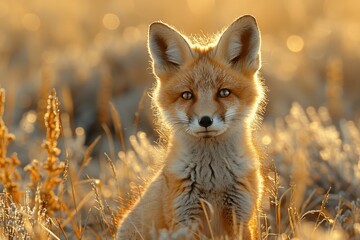 Fototapeta premium A curious fox kit standing in a field of tall grass, with its head slightly tilted and ears perked up. The background shows a golden sunset