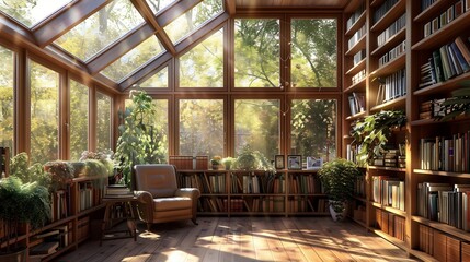 Fototapeta premium A sunroom with a cozy reading nook, filled with bookshelves, a comfortable armchair, and sunlight pouring in from skylights