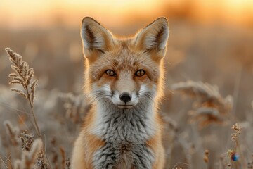 Obraz premium A curious fox kit standing in a field of tall grass, with its head slightly tilted and ears perked up. The background shows a golden sunset