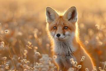 Obraz premium A curious fox kit standing in a field of tall grass, with its head slightly tilted and ears perked up. The background shows a golden sunset