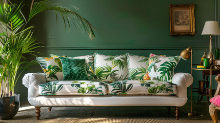 Sofa with botanical prints in a tropical-themed room