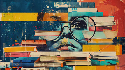 Vibrant Portrait of Woman with Books and Glasses in Abstract Pop Art Style
