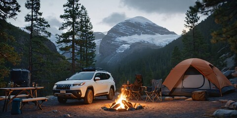 Inviting scene of a car camping setup by a serene lakeside