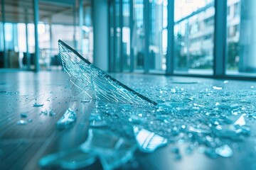 Shattered Glass in Modern Office Building Symbol of Damage and Disruption in Workplace