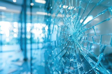 Close-Up of a Shattered Glass Window with Focus on the Cracks and Blue Tinted Background