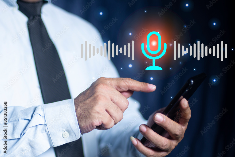 Aufkleber man touching microphone icon on smart phone. use your voice to direct ai to search for information o