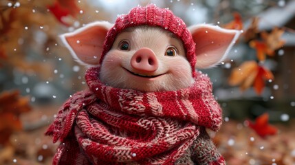 A pink pig using jacket in the winter with the white snow and sunlight illustration, Closeup of pink baby piglets with white and clean body in winter season