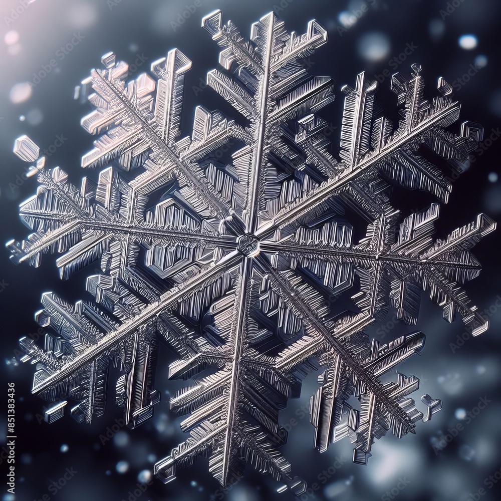 Poster a highly detailed snowflake with an intricate pattern is captured against a softly blurred backgroun