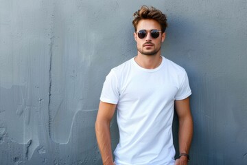 Sunglasses T-Shirt Fashion: Stylish Young Man in White Blank Tee