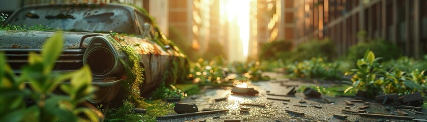 Lush green vines, broken asphalt, and rusted cars intermingling in an abandoned city Nature reclaiming urban spaces as skyscrapers stand as silent witnesses Realistic, with golden hour lighting