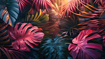 Fototapeta premium Lush Tropical Foliage with Vibrant Colors and Sunlight**