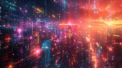 Futuristic Urban Skyline at Night with Neon Lights and Digital Glitches