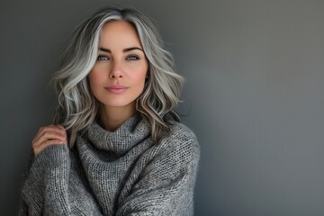 Fototapeta premium Woman with Silver Hair in Cozy Sweater Against Gray Wall