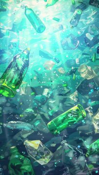plastic bottles and trash floating in the open sea, anime style, cartoon