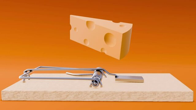 3d animation of isolated wooden mousetrap and piece of cheese float on top of it
