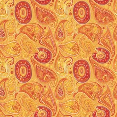 Naklejka premium Seamless fabric pattern, paisley pattern in orange and yellow, conveys elegance and sophistication. Luxurious Textile Background 