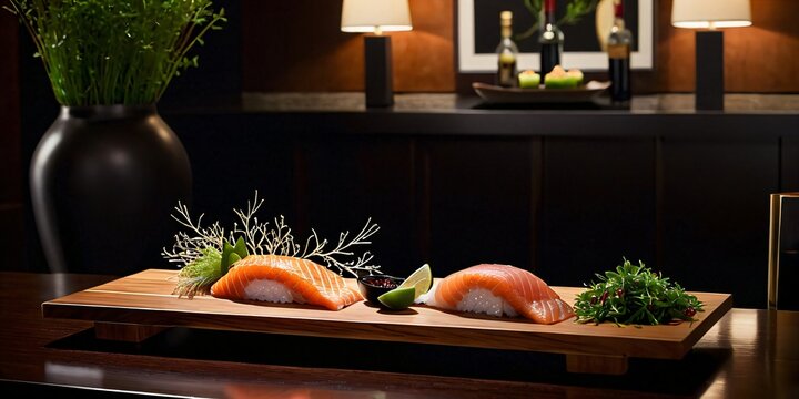 Wooden fishboard used in a gourmet restaurant presentation