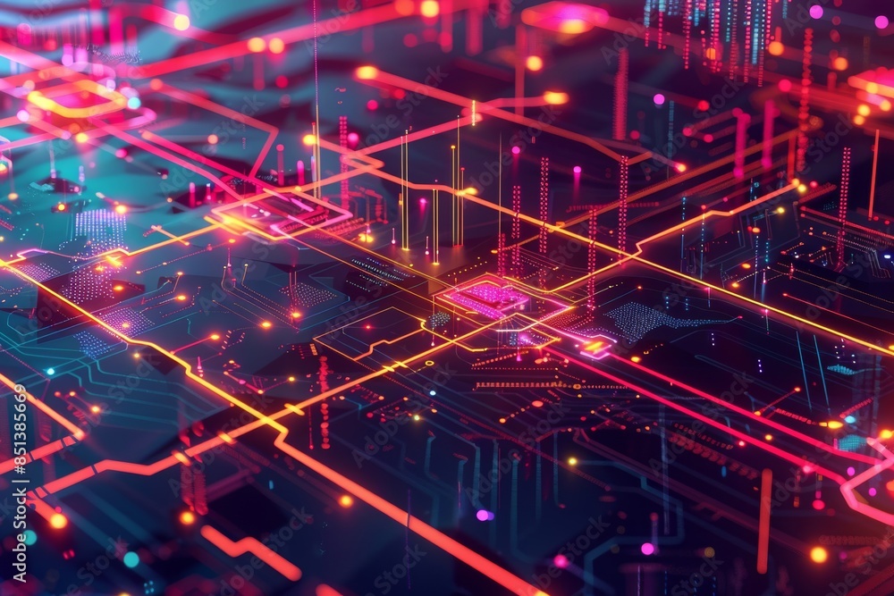 Canvas Prints Futuristic neon-colored tech landscape with interconnected nodes, illustrating a digital network concept