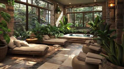Obraz premium A sunroom with a luxurious spa-like ambiance, featuring a Jacuzzi, plush loungers, and tropical plants creating a relaxing retreat