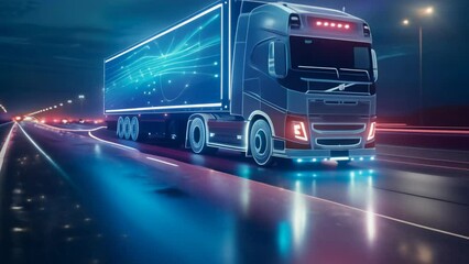 A neon-lit truck illuminates a wet highway at night, creating a striking futuristic scene amid reflections.