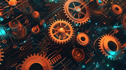 An abstract composition of interconnected gears and circuitry