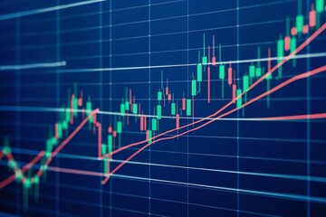Uptrend candlestick chart on a blue monitor, highlighting green and red patterns, detailed wicks and bodies, and a steady increase in market data