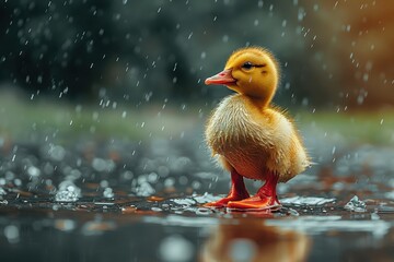 A cute duckling standing in a puddle, wearing tiny red rain boots. The background shows a rainy day with drops falling
