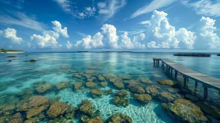 Wooden pier leading to the ocean and tropical island with blue sky and white clouds, for summer travel, vacation.