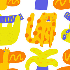 Cute jungle, wild nature seamless pattern. Funny hand drawn doodle repeatable pattern with leopard african jungle cat, butterfly, forest sloth, palm tree. Mossy forest, wood theme background